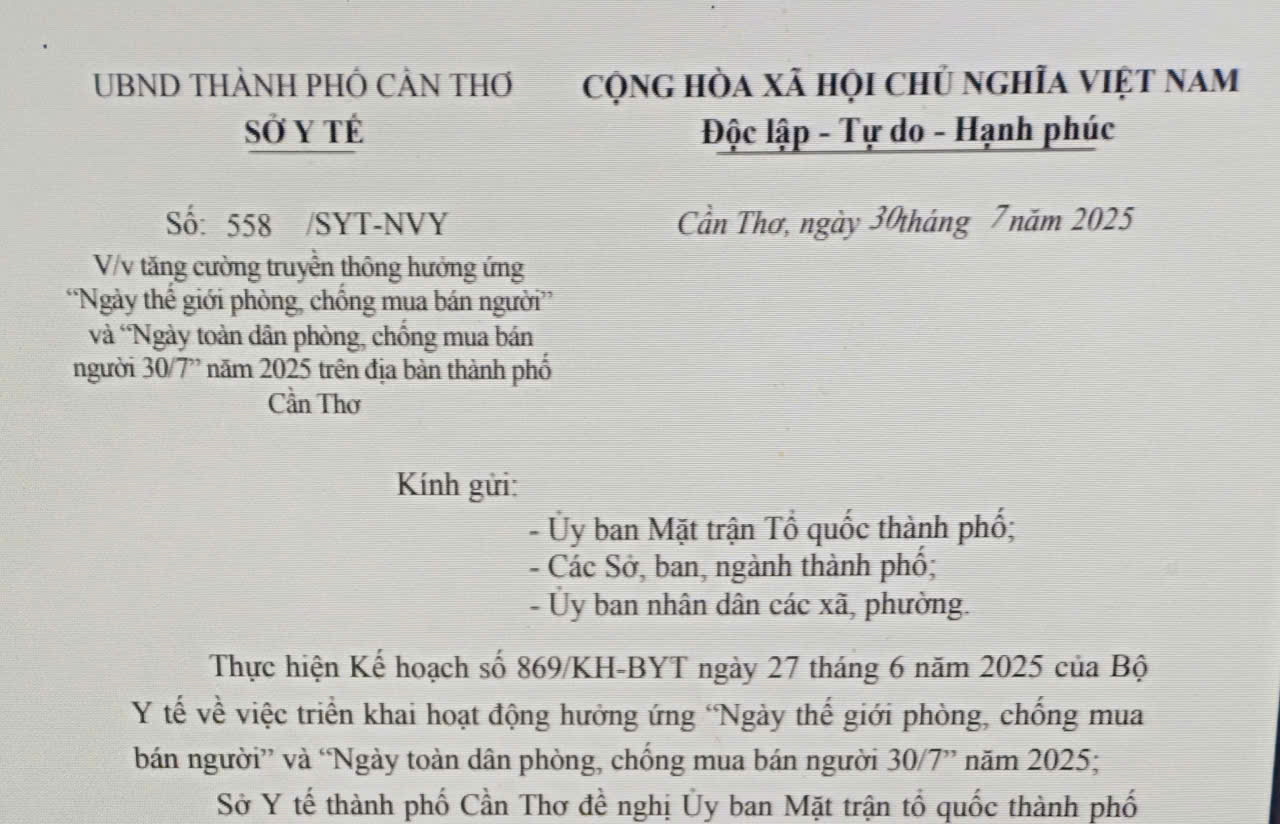 Tăng cường truyền thông hưởng ứng “Ngày thế giới phòng, chống mua bán người” và “Ngày toàn dân phòng, chống mua bán người 30/7” năm 2025 trên địa bàn thành phố Cần Thơ
