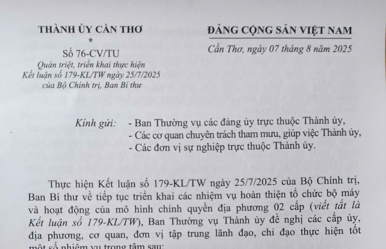 Quán triệt, triển khai thực hiện Kết luận số 179-KL/TW ngày 25/7/2025 của Bộ Chính trị, Ban Bí thư