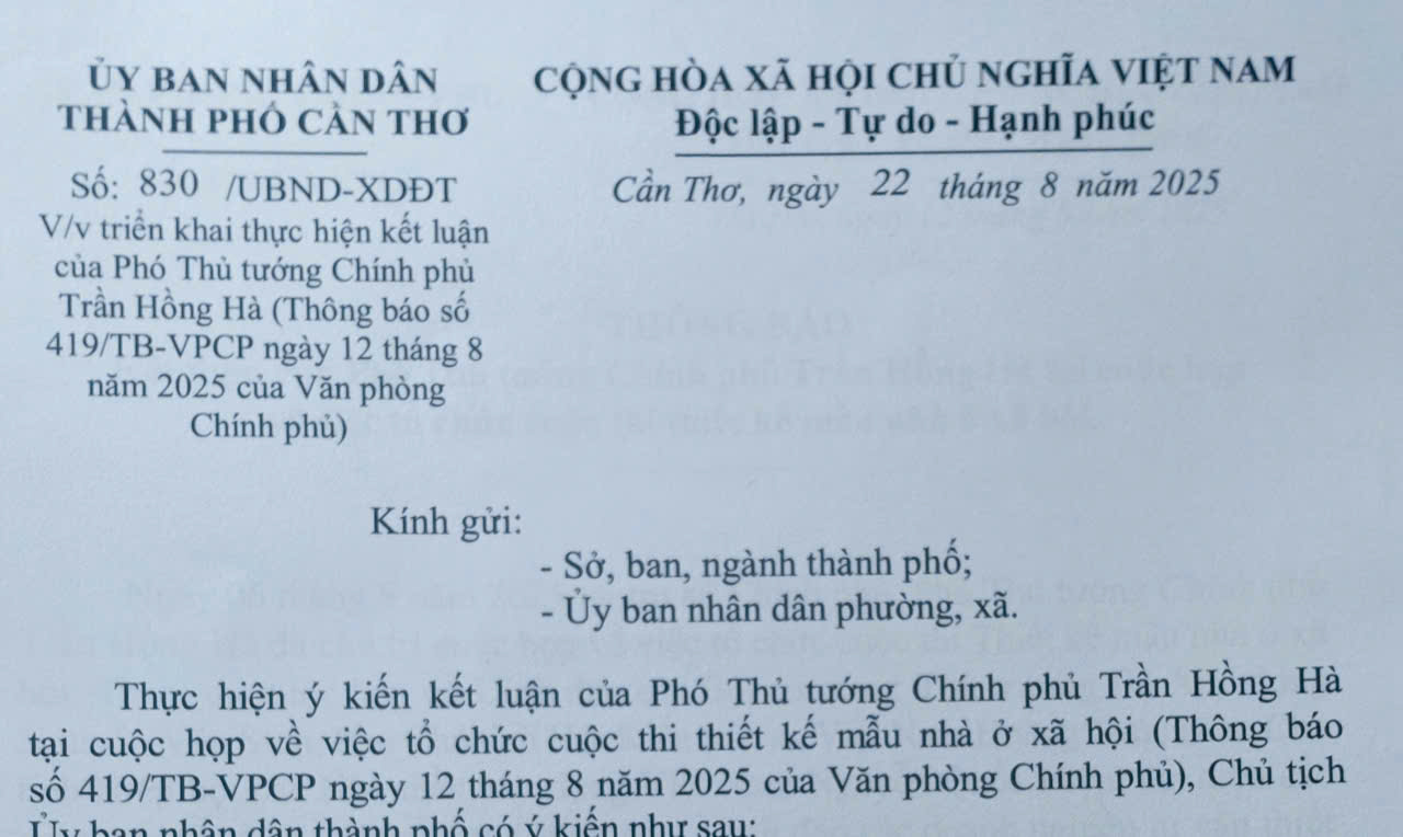 Triển khai thực hiện kết luận của Phó Thủ tướng Chính phủ Trần Hồng Hà tại Thông báo số 419/TB-VPCP ngày 12 tháng 8 năm 2025 của Văn phòng Chính phủ