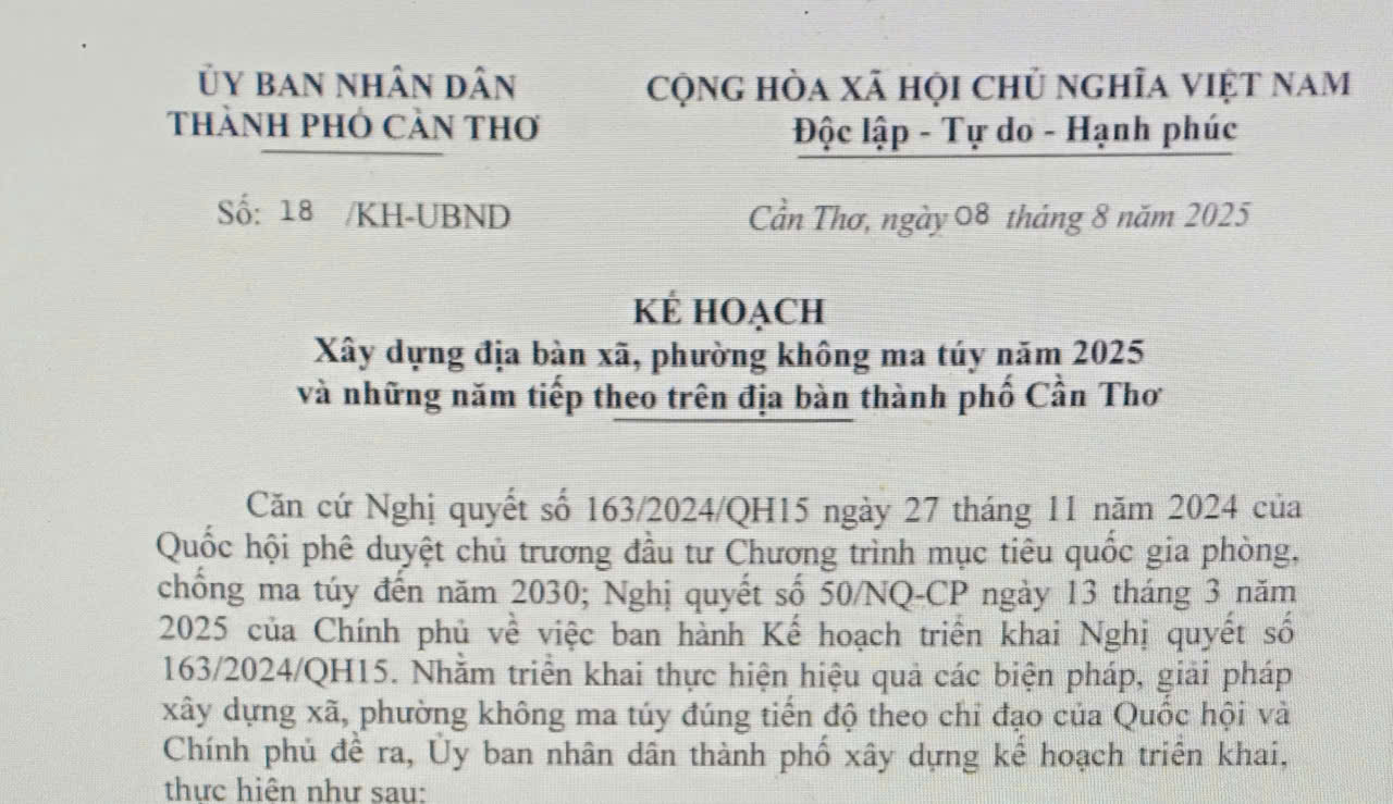 Cần Thơ ban hành Kế hoạch xây dựng địa bàn xã, phường không ma túy năm 2025 và những năm tiếp theo trên địa bàn thành phố