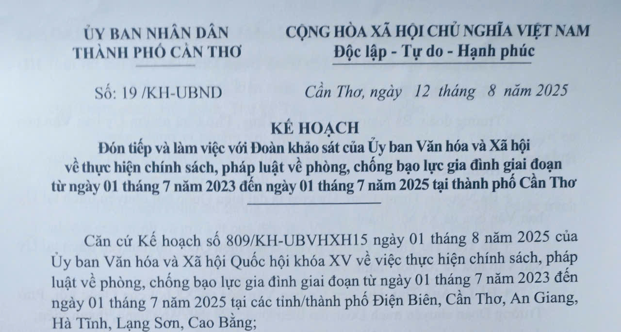 Kế hoạch đón tiếp và làm việc với Đoàn khảo sát của Ủy ban Văn hóa và Xã hội về thực hiện chính sách, pháp luật về phòng, chống bạo lực gia đình 