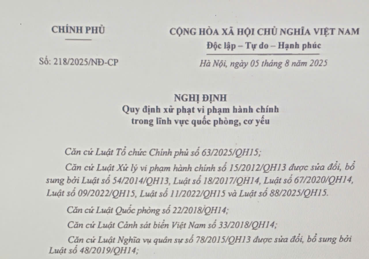 Nghị định xử phạt vi phạm hành chính trong lĩnh vực  quốc phòng, cơ yếu