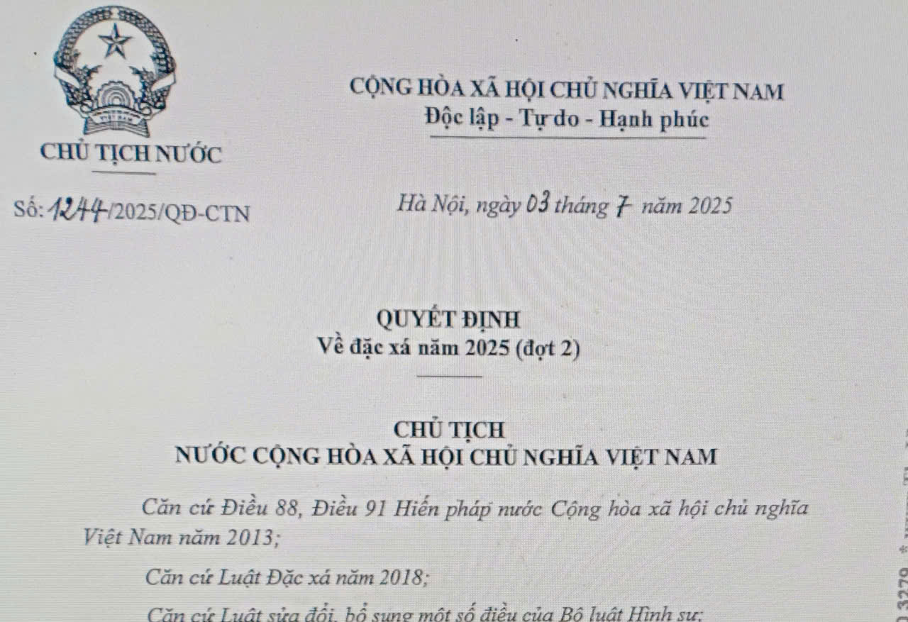 Triển khai thực hiện Quyết định số 1244/2025/QĐ-CTN ngày 03 tháng 7 năm 2025 của Chủ tịch nước về đặc xá năm 2025