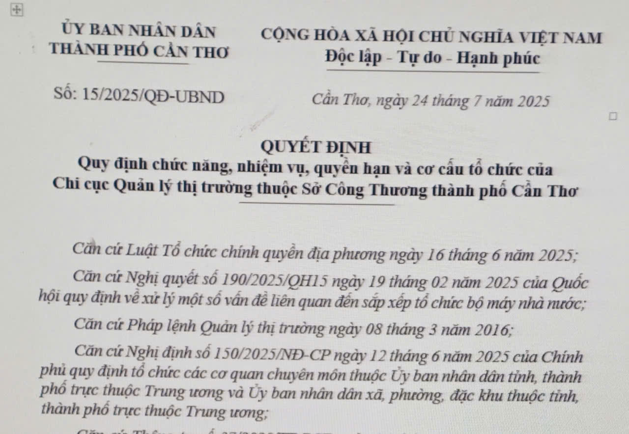 Chức năng, nhiệm vụ, quyền hạn và cơ cấu tổ chức của Chi cục Quản lý thị trường thuộc Sở Công Thương thành phố Cần Thơ