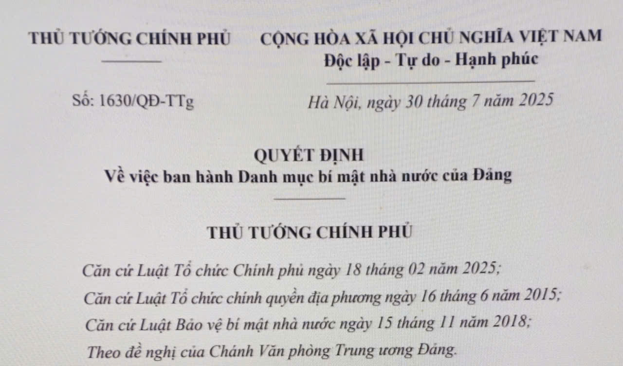 Quyết định về việc ban hành danh mục bí mật nhà nước của Đảng