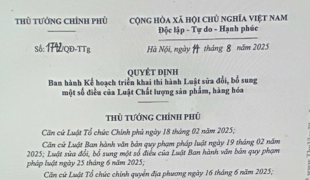 Kế hoạch triển khai thi hành Luật sửa đổi, bổ sung một số điều của Luật Chất lượng sản phẩm, hàng hóa