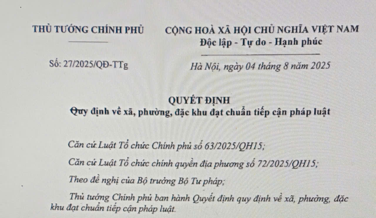 Quyết định quy định về xã, phường, đặc khu đạt chuẩn tiếp cận pháp luật