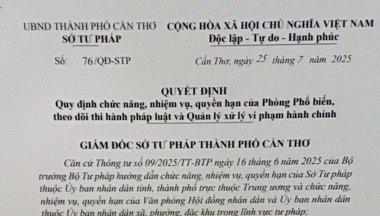 Quy định chức năng, nhiệm vụ, quyền hạn của Phòng Phổ biến, theo dõi thi hành pháp luật và Quản lý xử lý vi phạm hành chính