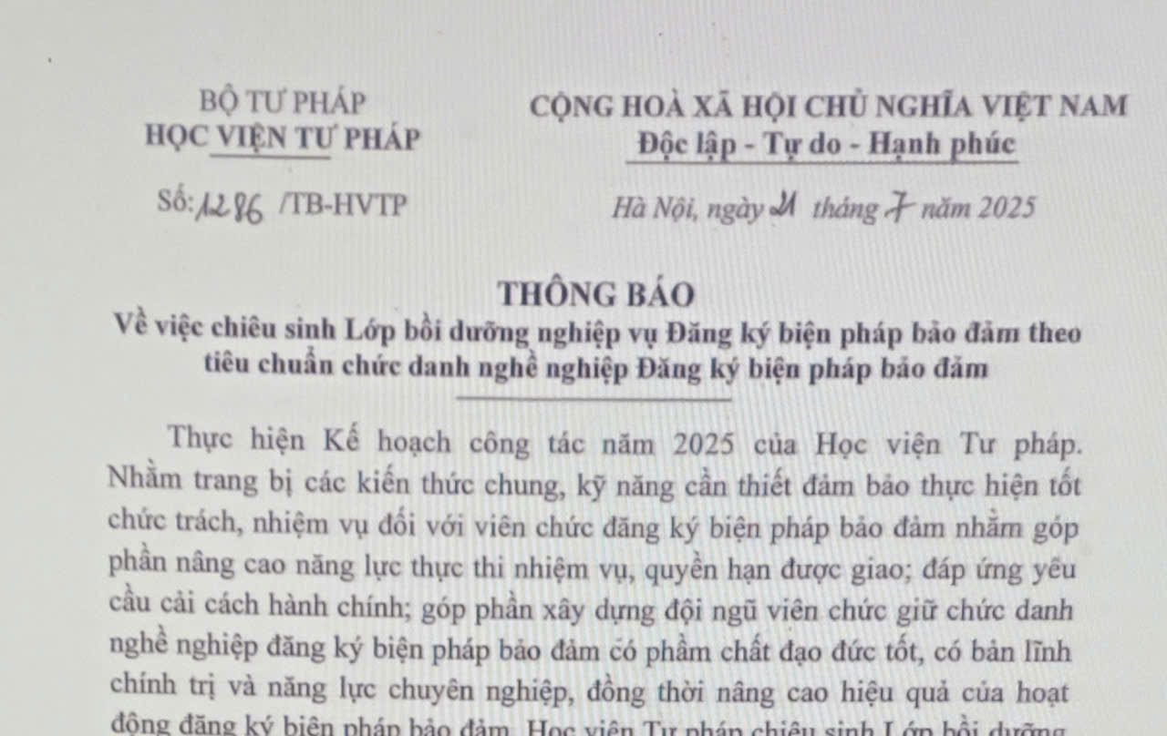 Chiêu sinh Lớp bồi dưỡng nghiệp vụ Đăng ký biện pháp bảo đảm  theo tiêu chuẩn chức danh nghề nghiệp Đăng ký biện pháp bảo đảm