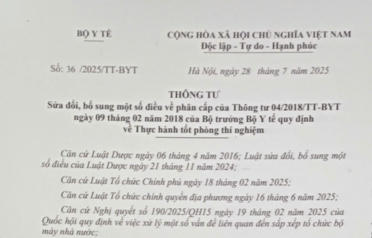 Sửa đổi, bổ sung một số điều về phân cấp của Thông tư 04/2018/TT-BYT ngày 09 tháng 02 năm 2018 của Bộ trưởng Bộ Y tế quy định về Thực hành tốt phòng thí nghiệm