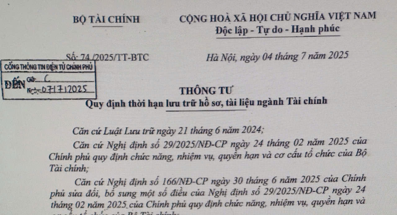 Thông tư số 74/2025/TT-BTC Quy định thời hạn lưu trữ, tài liệu ngành Tài chính