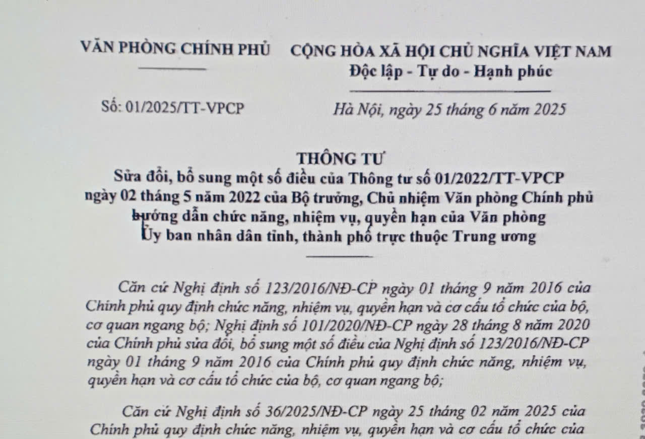 Sửa đổi Thông tư 01 hướng dẫn Văn phòng UBND cấp tỉnh