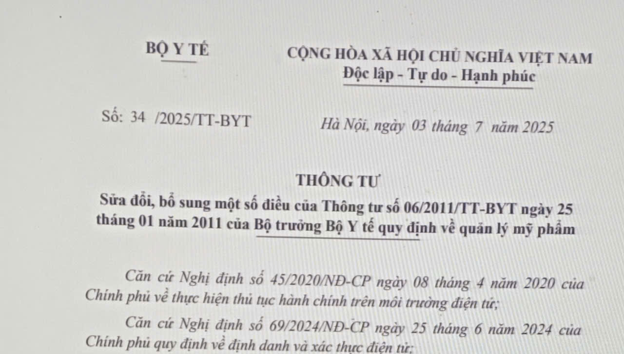 Thông tư số 34/2025/TT-BYT sửa đổi Thông tư 06/2011/TT-BYT Quy định về quản lý mỹ phẩm từ 18/8/2025