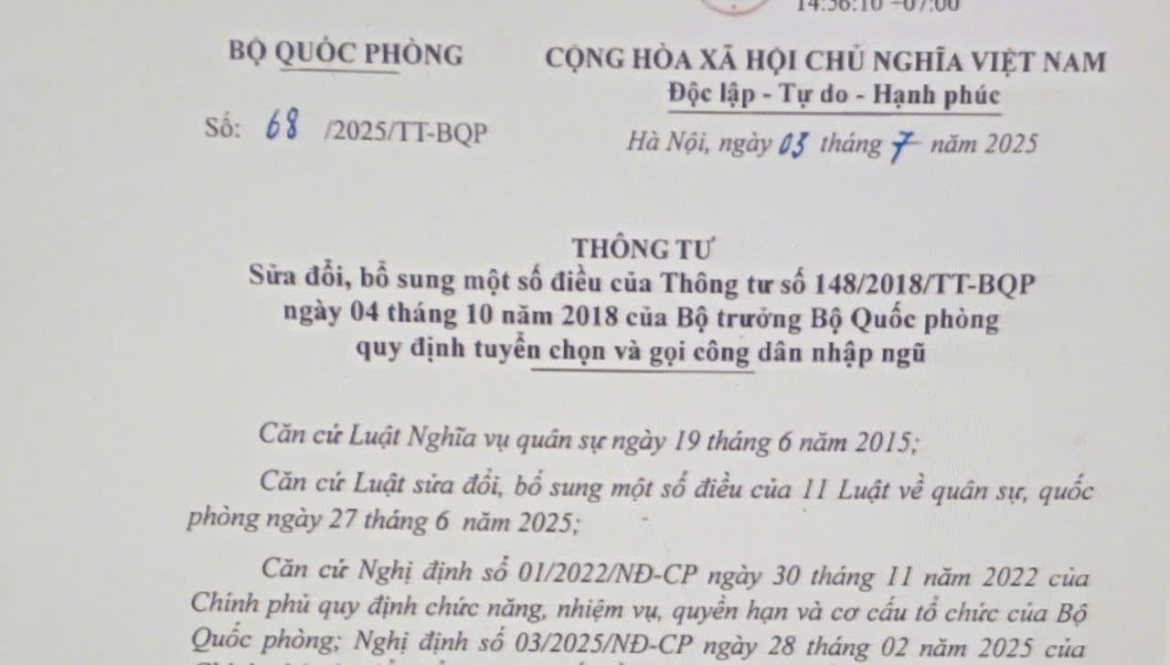 Thông tư số 68/2025/TT-BQP sửa đổi Thông tư 148/2018/TT-BQP về tuyển chọn và gọi công dân nhập ngũ từ 1/7/2025