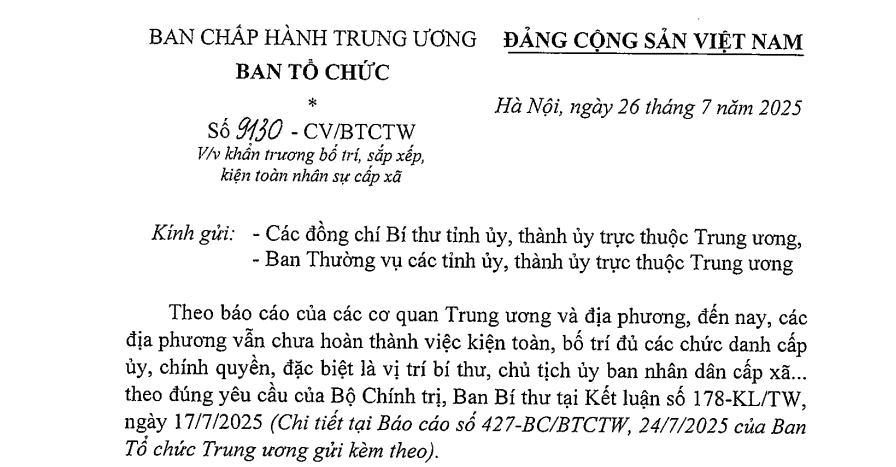KHẨN TRƯƠNG BỐ TRÍ, SẮP XẾP, KIỆN TOÀN NHÂN SỰ CẤP XÃ TRƯỚC NGÀY 31/7/2025