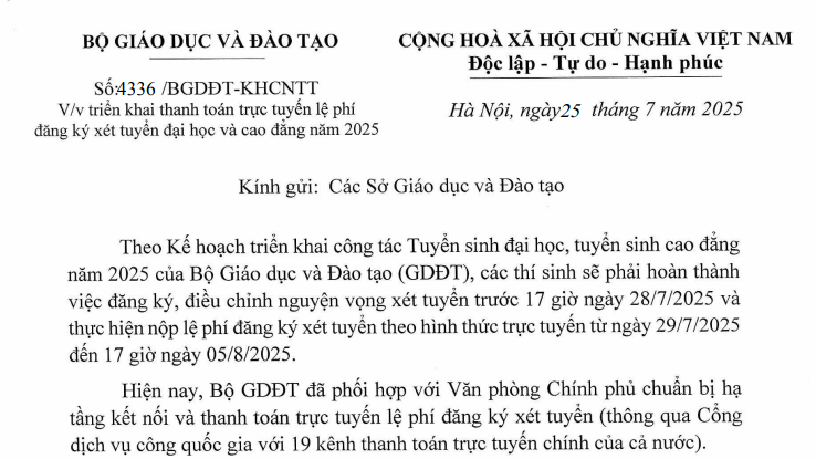 Lịch thanh toán lệ phí đăng ký xét tuyển đại học, cao đẳng 2025