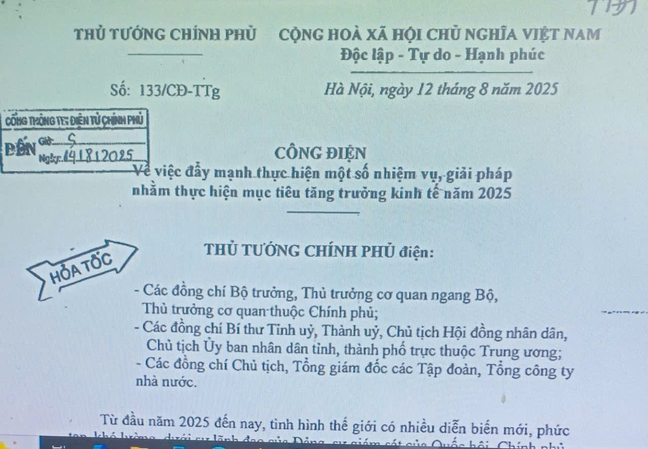 Công điện số 133/CĐ-TTg ngày 12 tháng 8 năm 2025 của Thủ tướng Chính phủ về việc đẩy mạnh thực hiện một số nhiệm vụ, giải pháp nhằm thực hiện mục tiều tăng trưởng kinh tế năm 2025