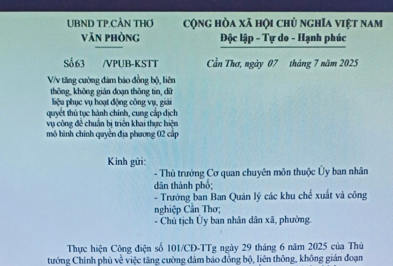 TĂNG CƯỜNG ĐẢM BẢO ĐỒNG BỘ, LIÊN THÔNG,  KHÔNG GIÁN ĐOẠN THÔNG TIN, DỮ LIỆU PHỤC VỤ HOẠT ĐỘNG CÔNG VỤ, GIẢI QUYẾT THỦ TỤC HÀNH CHÍNH, CUNG CẤP DỊCH VỤ CÔNG ĐỂ CHUẨN BỊ TRIỂN KHAI THỰC HIỆN MÔ HÌNH  CHÍNH QUYỀN ĐỊA PHƯƠNG 02 CẤP 