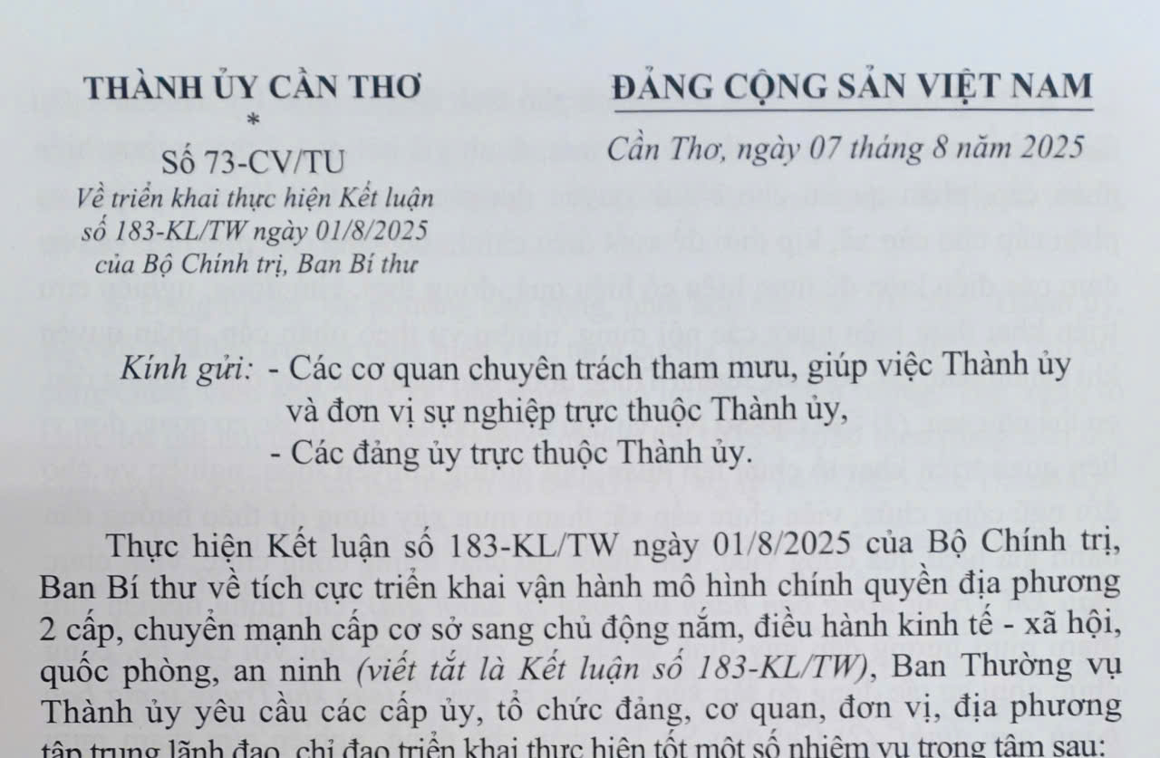 Triển khai thực hiện Kết luận số 183-KL/TW ngày 01/8/2025 của Bộ Chính trị, Ban Bí thư
