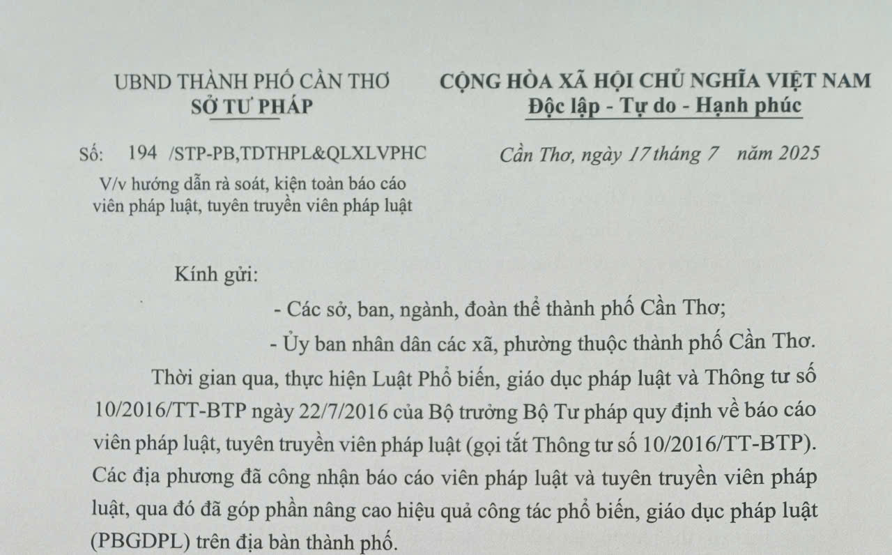 Sở Tư pháp thành phố Cần Thơ hướng dẫn rà soát, kiện toàn báo cáo viên pháp luật, tuyên truyền viên pháp luật