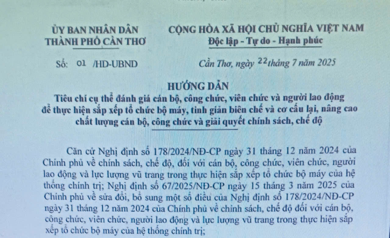 Thành phố Cần Thơ ban hành Hướng dẫn tiêu chí сụ thể đánh giá cán bộ, công chức, viên chức và người lao động để thực hiện sắp xếp tổ chức bộ máy, tinh giản biên chế và cơ cấu lại, nâng cao chất lượng cán bộ, công chức và giải quyết chính sách, chế độ