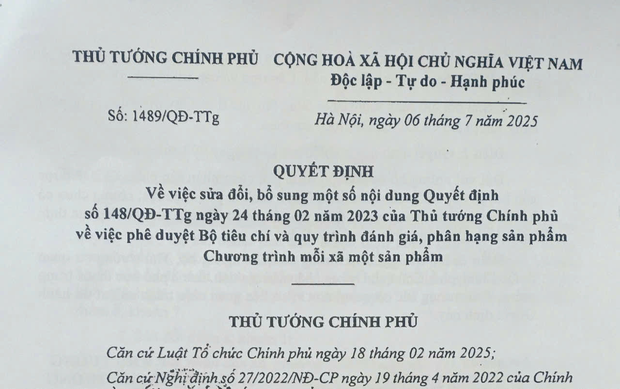 Sửa đổi, bổ sung một số nội dung Quyết định số 148/QĐ-TTg ngày 24 tháng 02 năm 2023 của Thủ tướng Chính phủ về việc ban hành Bộ tiêu chí và quy trình đánh giá, phân hạng sản phẩm Chương trình mỗi xã một sản phẩm