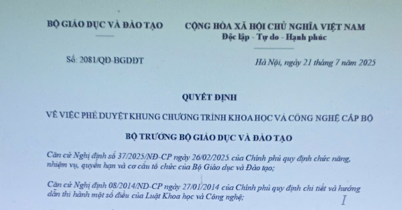 Phê duyệt khung chương trình khoa học và công nghệ cấp Bộ