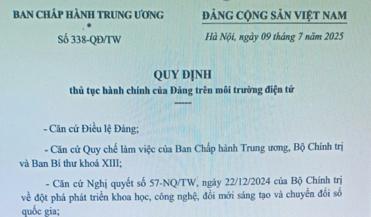 Ban Bí thư ban hành Quy định về thủ tục hành chính của Đảng trên môi trường điện tử