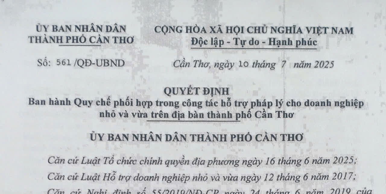 Quyết định ban hành Quy chế phối hợp trong công tác hỗ trợ pháp lý cho doanh nghiệp nhỏ và vừa trên địa bàn thành phố Cần Thơ