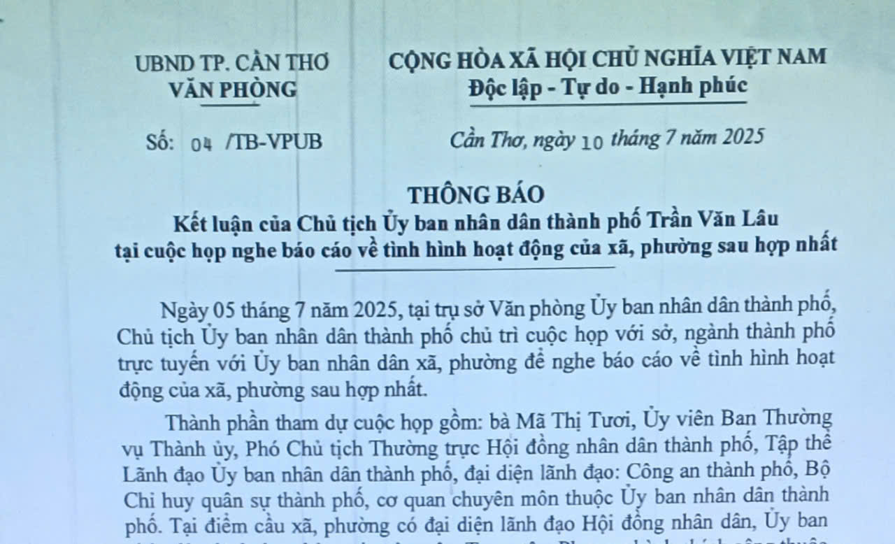 Kết luận của Chủ tịch Ủy ban nhân dân thành phố Trần Văn Lâu tại cuộc họp nghe báo cáo về tình hình hoạt động của xã, phường sau hợp nhất