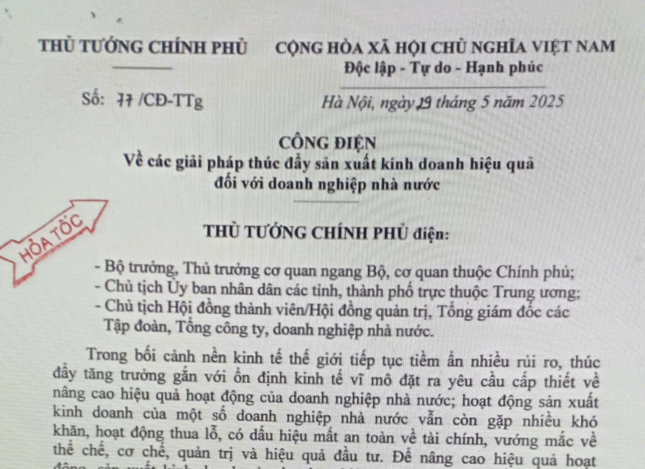 Công điện số 77/CĐ-TTg về các giải pháp thúc đẩy sản xuất kinh doanh hiệu quả đối với doanh nghiệp nhà nước