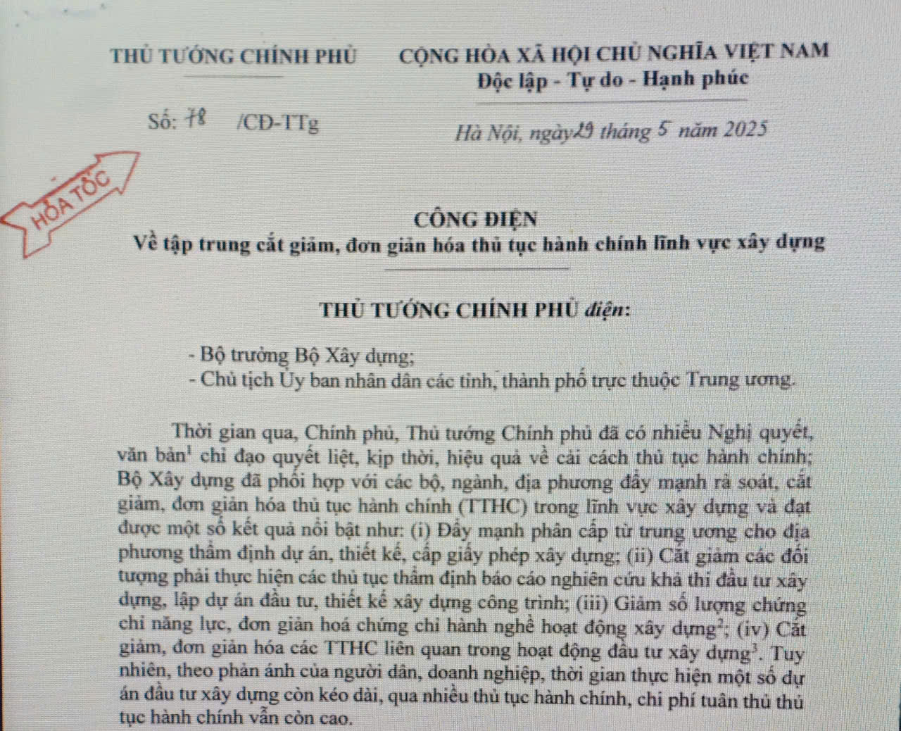 Công điện của Thủ tướng Chính phủ về tập trung cắt giảm, đơn giản hóa thủ tục hành chính lĩnh vực xây dựng 