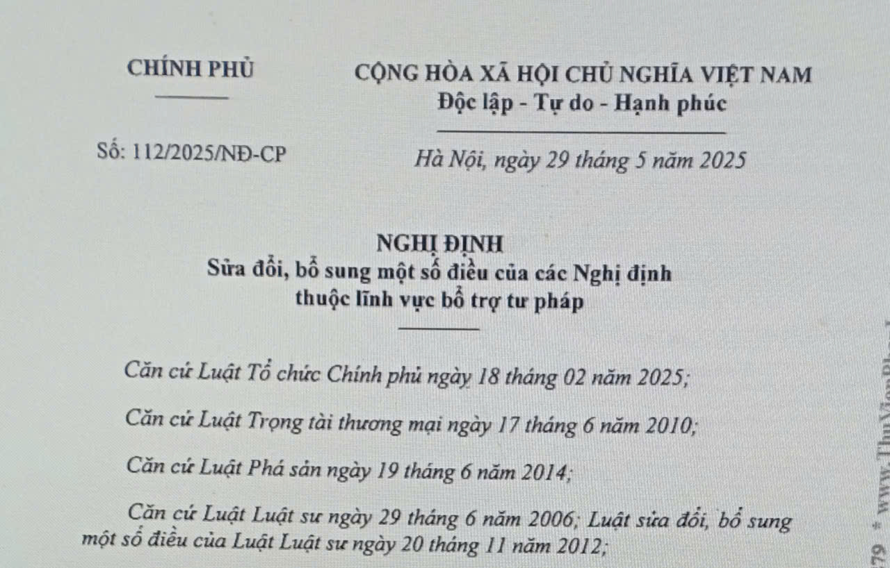 Nghị định số 112/2025/NĐ-CP sửa đổi, bổ sung một số quy định thuộc lĩnh vực bổ trợ tư pháp 