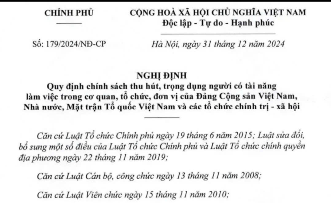 Nghị định Quy định chính sách thu hút, trọng dụng người có tài năng làm việc trong cơ quan, tổ chức, đơn vị của Đảng Cộng sản Việt Nam, Nhà nước, Mặt trận Tổ quốc Việt Nam và các tổ chức chính trị - xã hộ.