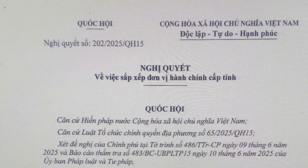 Nghị quyết số 202/2025/QH15 của Quốc hội về việc sắp xếp đơn vị hành chính cấp tỉnh.