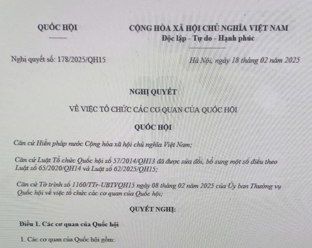 Nghị quyết về tổ chức các cơ quan của Quốc hội và số lượng thành viên của UBTV Quốc hội khóa XV
