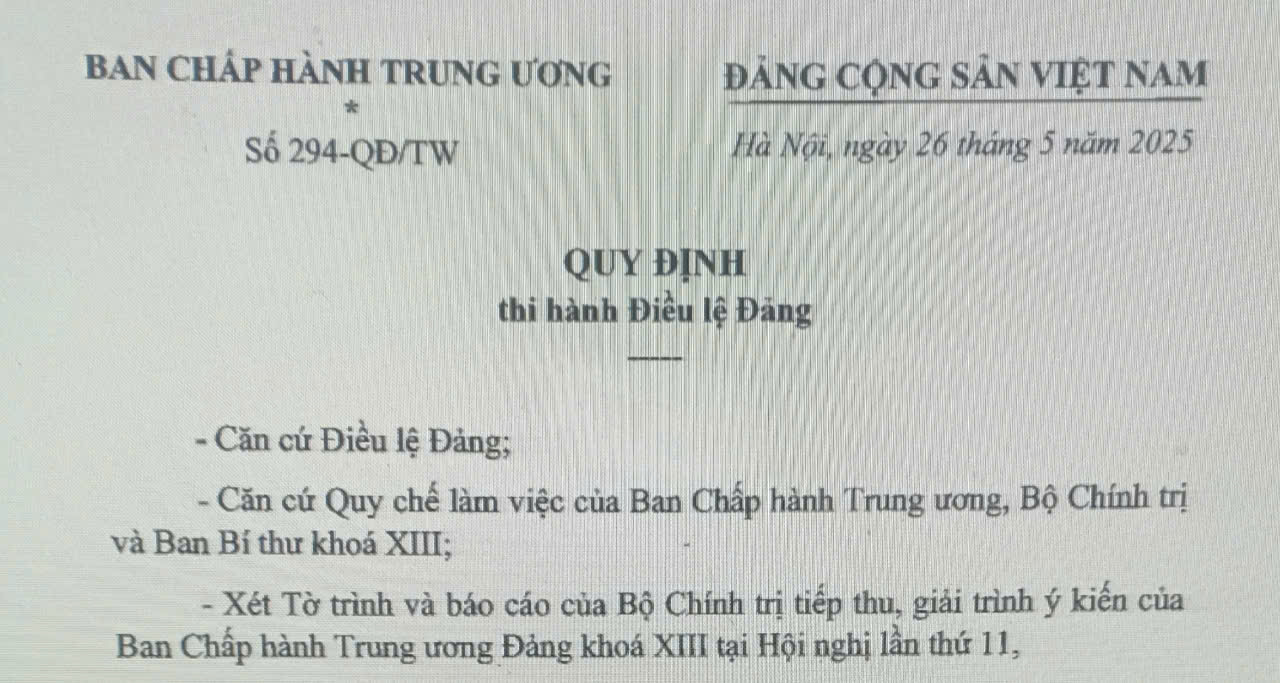 Quy định số 294-QĐ/TW thi hành Điều lệ Đảng
