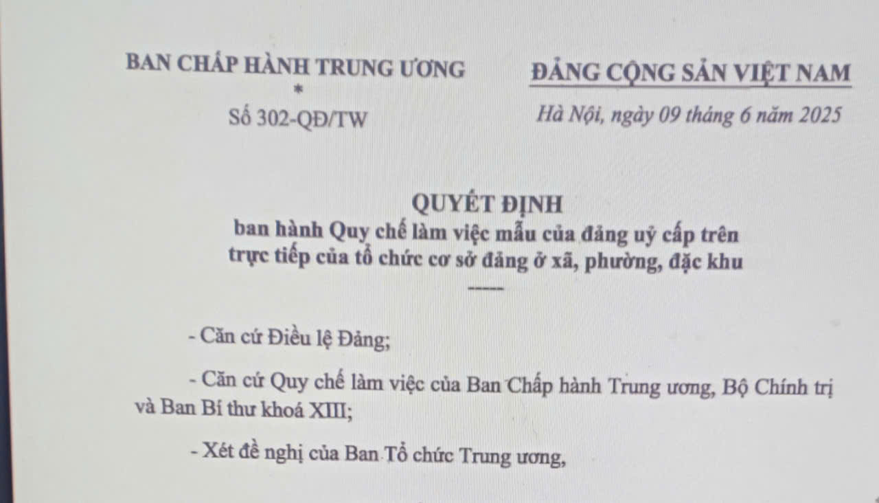 Từ 01/7/2025, Quy chế làm việc mẫu của đảng ủy cấp trên trực tiếp của tổ chức cơ sở đảng ở xã, phường, đặc khu 