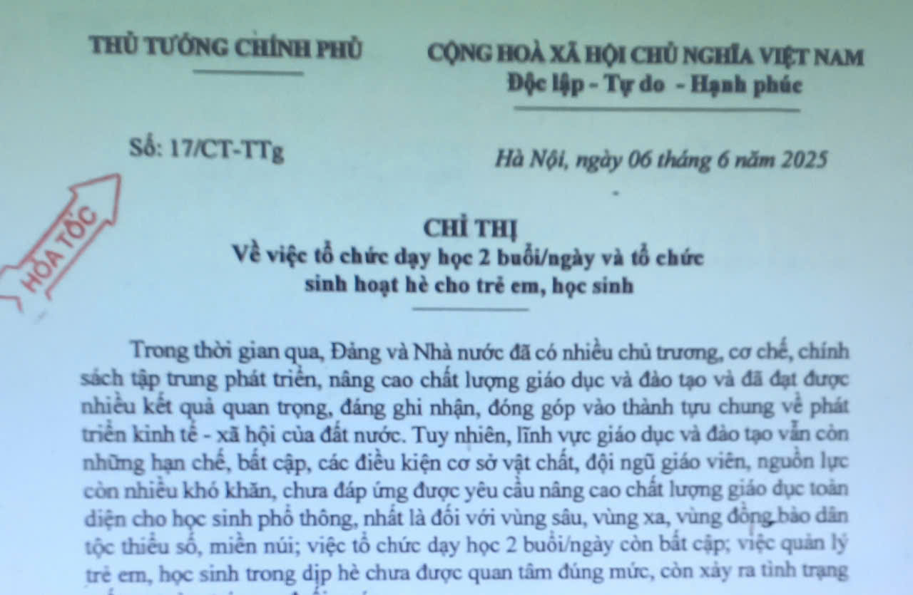 Chỉ thị về việc tổ chức dạy học 2 buổi/ngày và tổ chức sinh hoạt hè cho trẻ em, học sinh. 