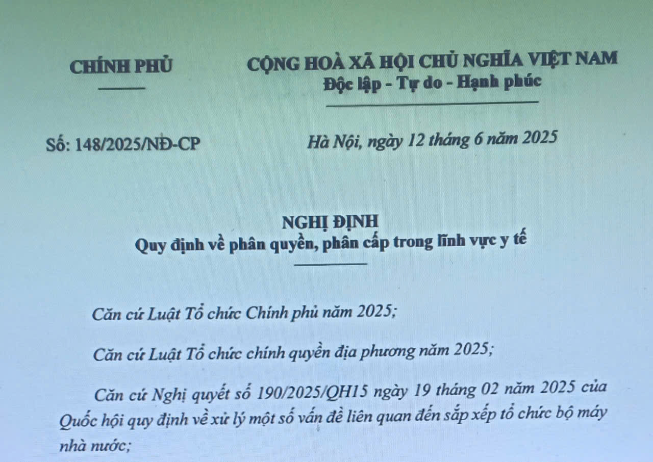 Nghị định 148/2025/NĐ-CP quy định về phân quyền, phân cấp trong lĩnh vực y tế