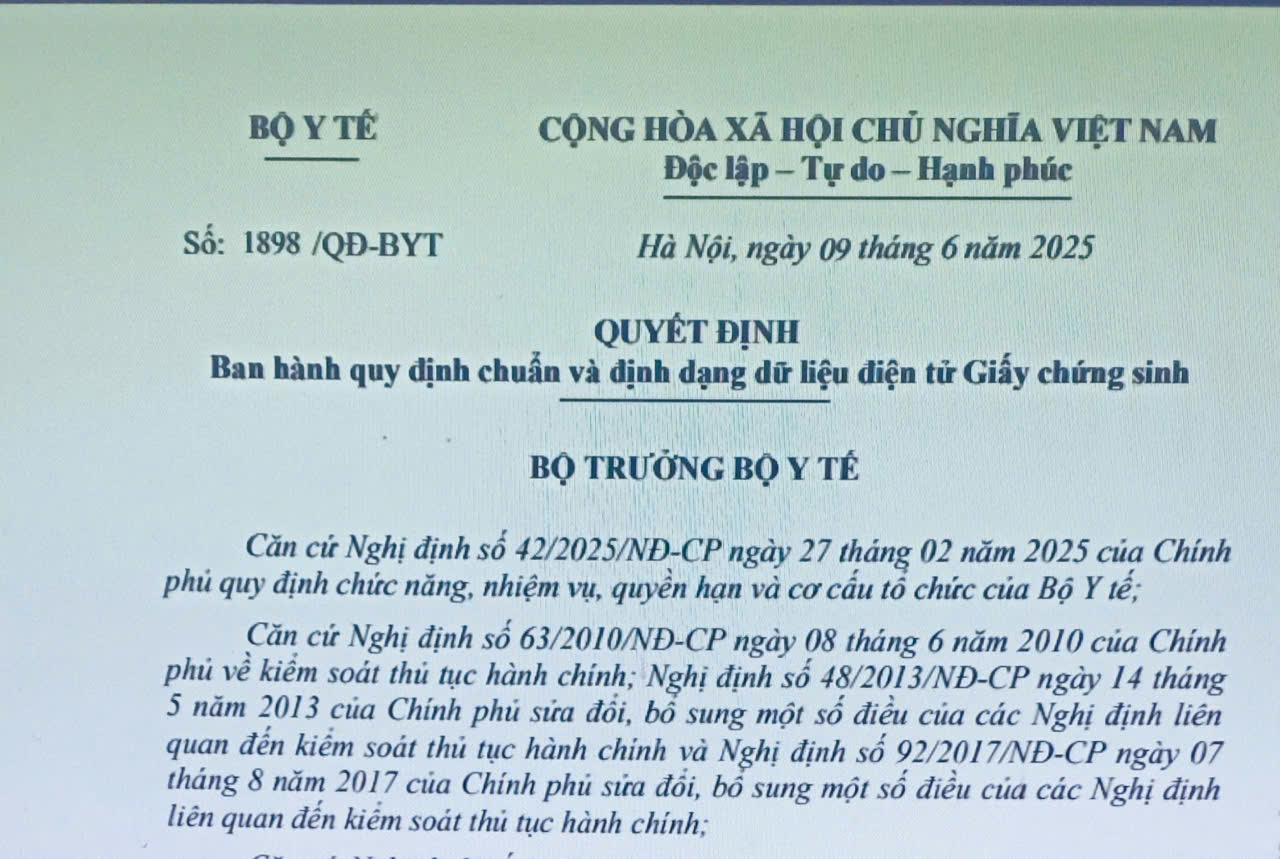 Quy định chi tiết về chuẩn và định dạng dữ liệu điện tử giấy chứng sinh được Bộ Y tế quy định tại Quyết định 1898/QĐ-BYT năm 2025