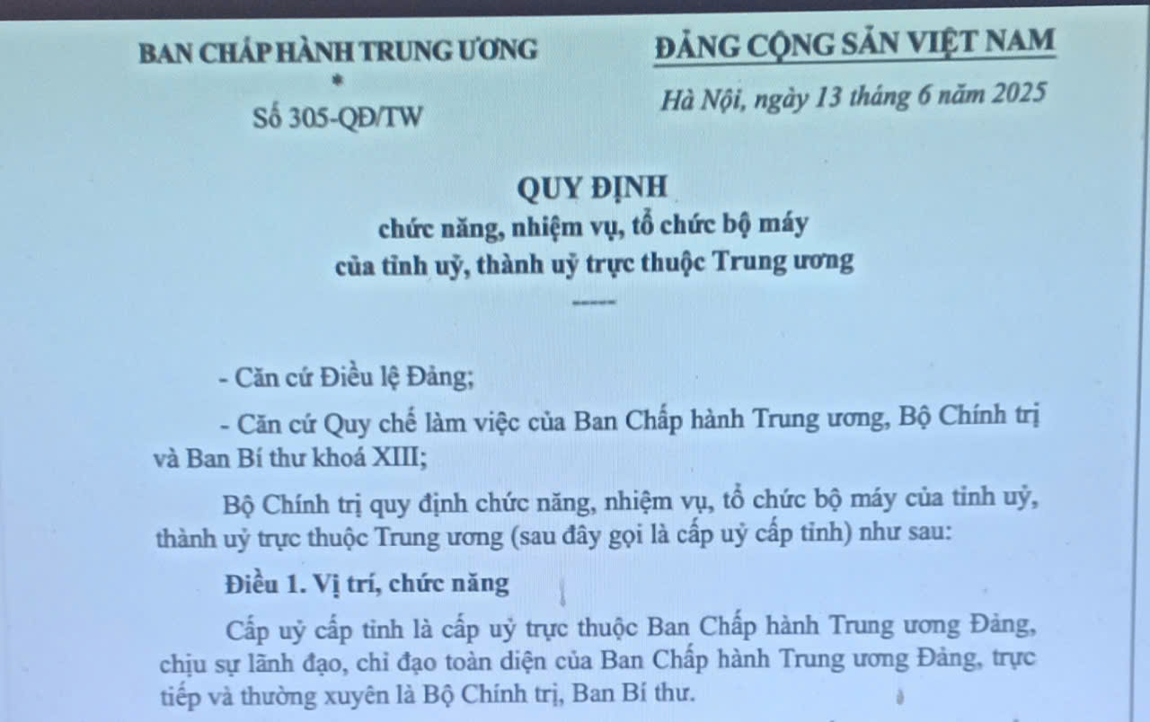 Quy định chức năng, nhiệm vụ, tổ chức bộ máy của tỉnh ủy, thành ủy 