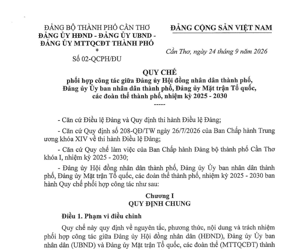 Triển khai thực hiện Quy chế số 02-QCPH/ĐU ngày 24 tháng 9 năm 2026 của Đảng ủy Hội đồng nhân dân thành phố, Đảng ủy Ủy ban nhân dân thành phố, Đảng ủy Mặt trận Tổ quốc, các đoàn thể thành phố Cần Thơ