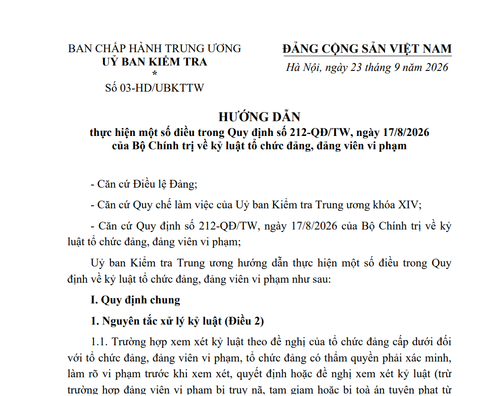 Triển khai thực hiện Hướng dẫn số 03-HD/UBKTTW ngày 23/9/2026 của Ủy ban Kiểm tra Trung ương