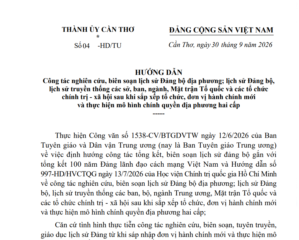 Triển khai Hướng dẫn số 04-HD/ĐU, ngày 30/9/2026 của Thành ủy Cần Thơ