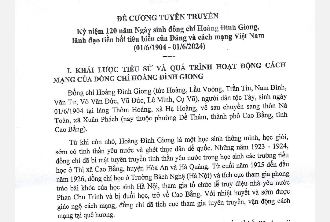 Kế hoạch Tuyên truyền kỷ niệm 120 năm Ngày sinh đồng chí Hoàng Đình Giong, lãnh đạo tiền bối tiêu biểu của Đảng và cách mạng Việt Nam (1/6/1904 - 1/6/2024)