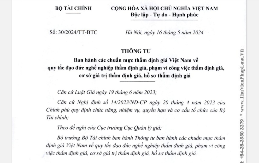 Các chuẩn mực thẩm định giá Việt Nam từ ngày 01/7/2024