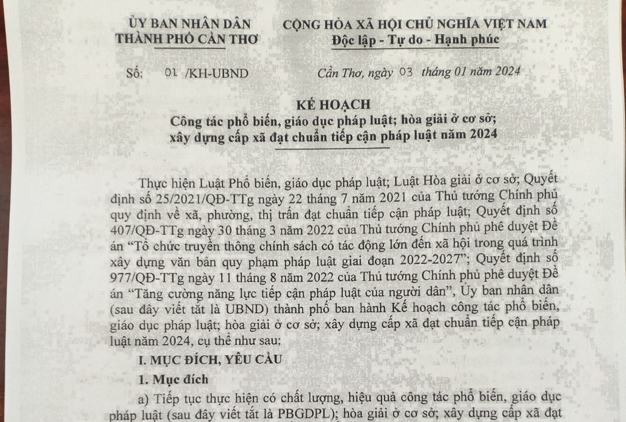 Kế hoạch công tác phổ biến, giáo dục pháp luật; hòa giải ở cơ sở; xây dựng cấp xã đạt chuẩn tiếp cận pháp luật năm 2024