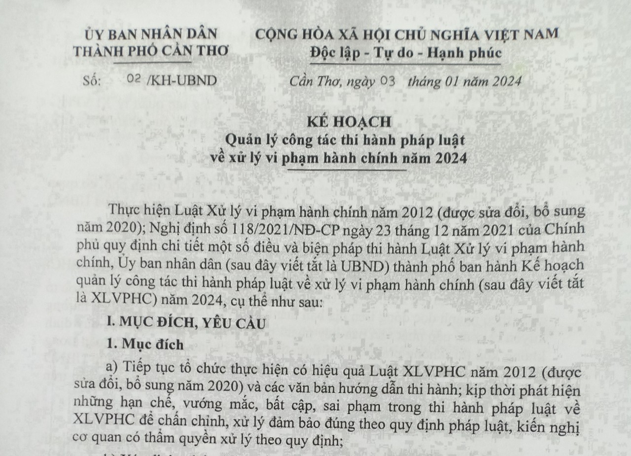 Kế hoạch Quản lý công tác thi hành pháp luật  về xử lý vi phạm hành chính năm 2024