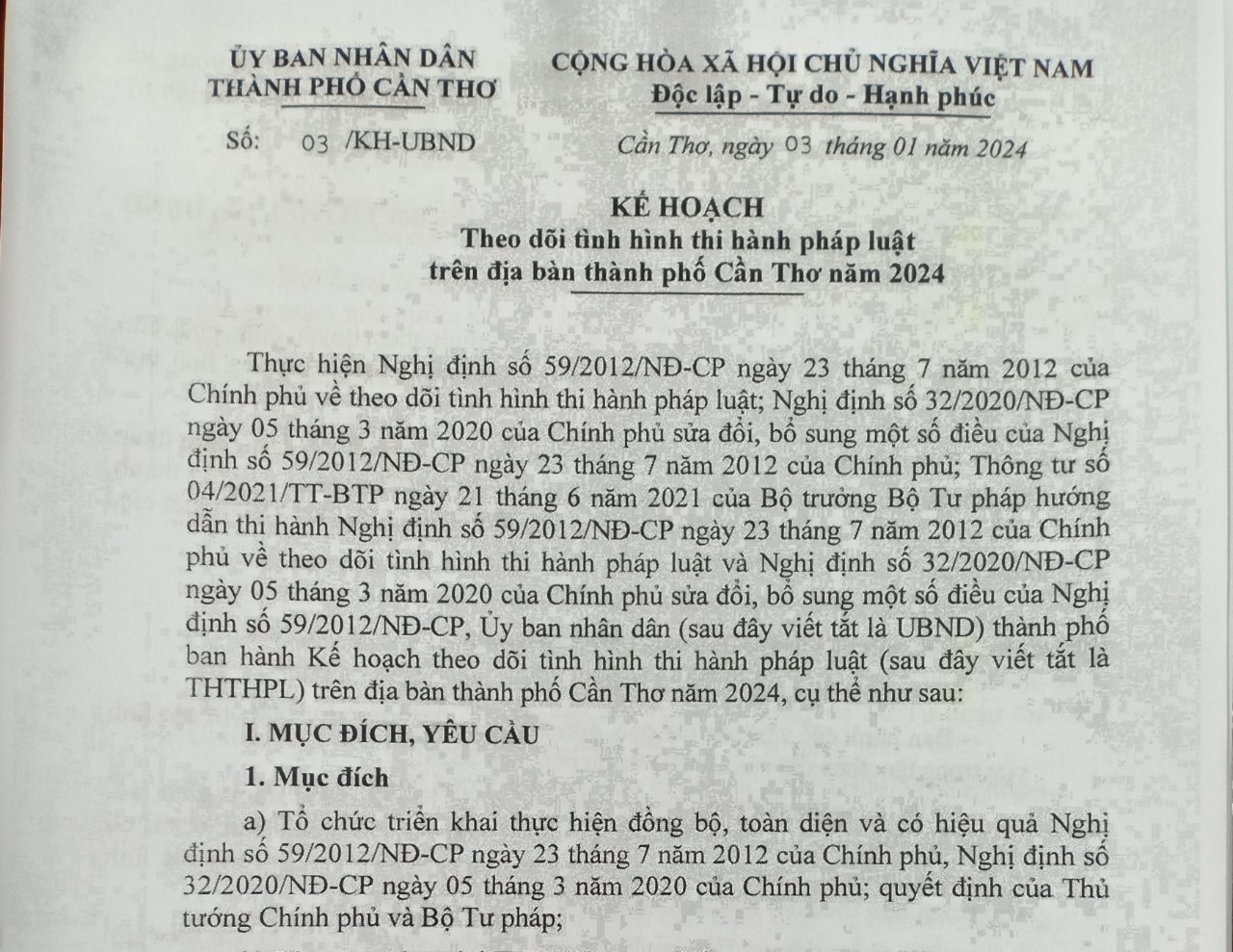 Kế hoạch theo dõi tình hình thi hành pháp luật  trên địa bàn thành phố Cần Thơ năm 2024